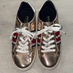 Skechers Metallic Gold Sneakers with Red and White Accents and Pearl details